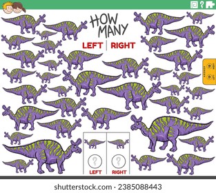 Ilustración de caricatura del juego educativo del recuento de imágenes orientadas a la izquierda y la derecha del personaje de los dinosaurios cómicos