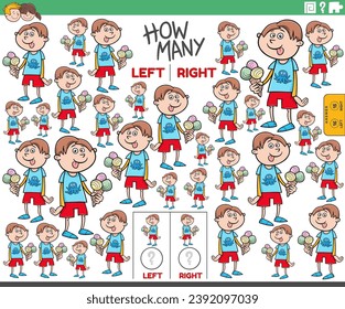 Cartoon illustration of educational game of counting left and right oriented pictures of boy character with ice cream