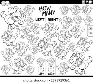 Cartoon illustration of educational game of counting left and right oriented pictures of boy character with teddy bear coloring page