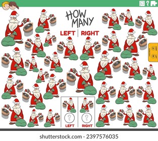 Cartoon illustration of educational game of counting left and right oriented pictures of Santa Claus character with sack of gifts and credit card