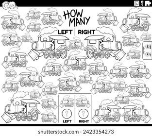 Cartoon illustration of educational game of counting left and right oriented pictures of steam engine character coloring page