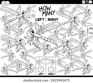 Cartoon illustration of educational game of counting left and right oriented pictures of dragonfly insect character coloring page