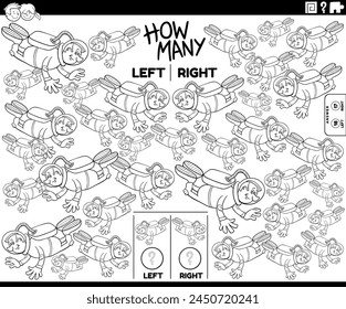 Cartoon illustration of educational game of counting left and right oriented pictures of astronaut or spaceman character coloring page