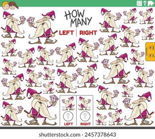 Cartoon illustration of educational game of counting left and right oriented pictures of dwarf with gem