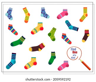 Cartoon illustration of the educational game Find a one-of-a-kind picture. cartoon socks. Vector isolated on a white background