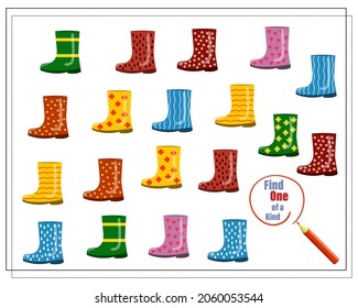 Cartoon illustration of the educational game Find a one-of-a-kind picture. rubber boots. Vector isolated on a white background