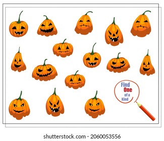 Cartoon illustration of the educational game Find a one-of-a-kind picture. pumpkins for halloween Vector isolated on white background