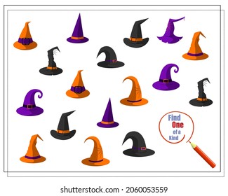 Cartoon illustration of the educational game Find a one-of-a-kind picture. hats for the witch. Vector isolated on a white background