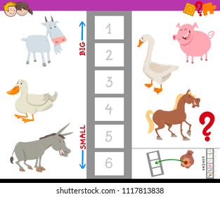 Cartoon Illustration des Lernspiels, das größte und kleinste Bauerntier mit lustigen Figuren für Kinder zu finden
