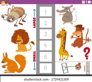 Cartoon Illustration of Educational Game of Finding the Largest and the Smallest Aniaml Species with Comic Characters for Children