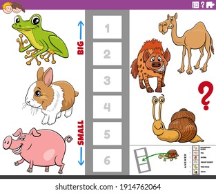 Cartoon illustration of educational game of finding the biggest and the smallest animal species with funny characters for children