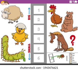 Cartoon illustration of educational game of finding the biggest and the smallest animal species with comic characters for kids