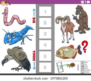 Cartoon illustration of educational game of finding the biggest and the smallest animal species with comic characters for kids