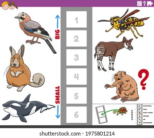 Cartoon illustration of educational game of finding the biggest and the smallest animal species with comic characters for kids