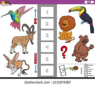 Ilustración de caricatura del juego educativo de encontrar la especie animal más grande y más pequeña con personajes cómicos