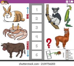 Ilustración de caricatura del juego educativo de encontrar la especie animal más grande y más pequeña con personajes cómicos