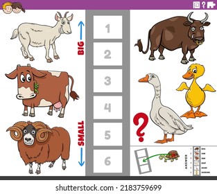 Cartoon illustration of educational game of finding the biggest and the smallest animal species with comic characters