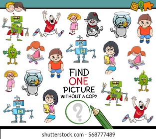 Cartoon Illustration of Educational Game of Finding Single Picture Without a Pair for Children