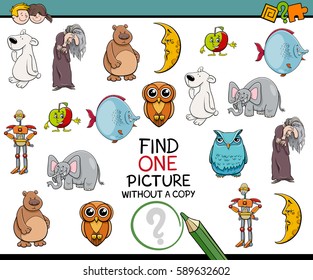Cartoon Illustration of Educational Game of Finding Single Image for Preschool Kids
