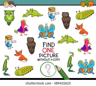 Cartoon Illustration of Educational Game of Finding Single Picture for Preschool Children