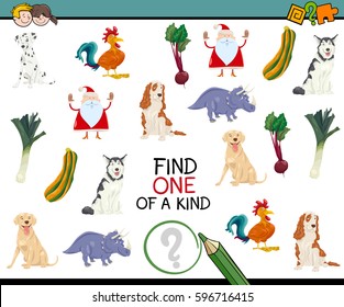 Cartoon Illustration of Educational Game of Finding One of a Kind for Preschool Children