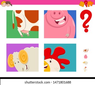 Cartoon Illustration of Educational Game of Guessing Farm Animals Species for Kids