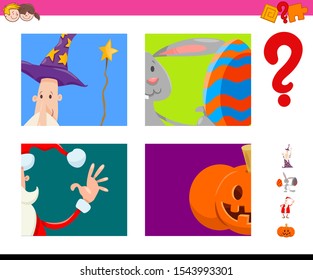 Cartoon Illustration of Educational Game of Guessing Fantasy and Holiday Characters for Children