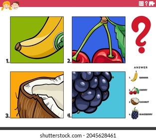 Cartoon illustration of educational game of guessing fruits activity for children