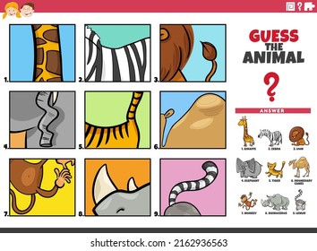 Cartoon illustration of educational game of guessing the animal species activity for children