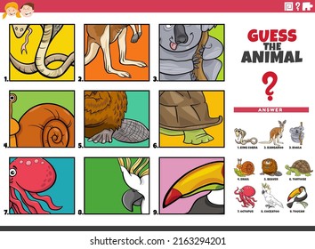 Cartoon illustration of educational game of guessing animal species for children