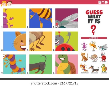 Cartoon illustration of educational game of guessing animals for children