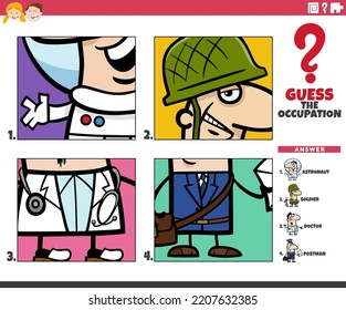 Cartoon illustration of educational game of guessing the occupation for children
