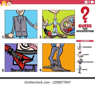Cartoon illustration of educational game of guessing the occupation activity for children