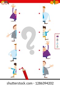 Cartoon Illustration of Educational Game of Matching Halves of Funny Men or Businessmen