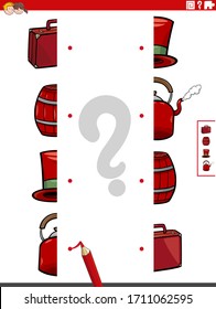 Cartoon Illustration of Educational Game of Matching Halves of Pictures with Objects