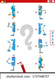 Cartoon Illustration of Educational Game of Matching Halves of Pictures with Happy Robot Characters