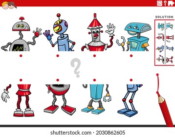 Cartoon illustration of educational game of matching halves of pictures with comic robot characters