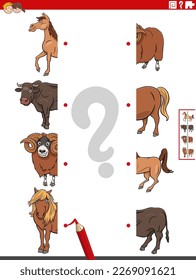 Cartoon illustration of educational game of matching halves of pictures with farm animals characters