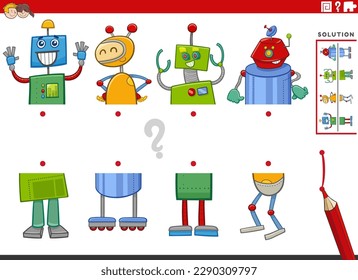 Cartoon illustration of educational game of matching halves of pictures with funny robot characters