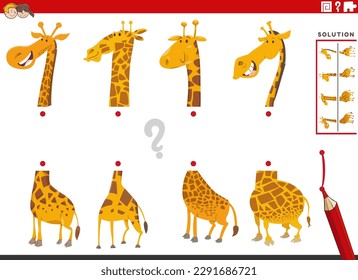 Cartoon illustration of educational game of matching halves of pictures with funny giraffes animal characters