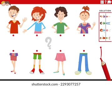 Cartoon illustration of educational game of matching halves of pictures with happy children or teens characters