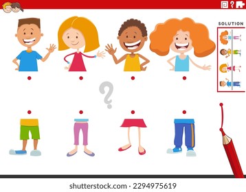 Cartoon illustration of educational game of matching halves of pictures with happy children characters