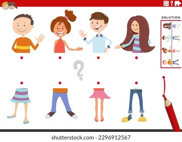 Cartoon illustration of educational game of matching halves of pictures with children or teen characters