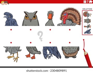 Cartoon illustration of educational game of matching halves of pictures with birds animal characters