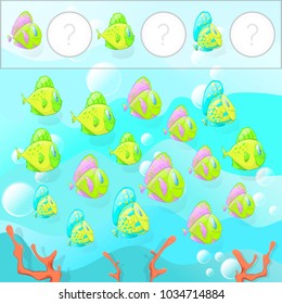 Cartoon Illustration of Educational How Many. Funny fish swim on a blue background with bubbles.Educational Counting Game for Children