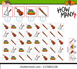 Cartoon Illustration of Educational How Many Counting Game for Children with Musical Instruments