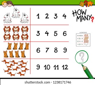 Cartoon Illustration of Educational How Many Counting Activity for Children with Dogs Animal Characters