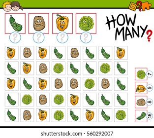 Cartoon Illustration of Educational How Many Counting Activity for Children with Vegetable Characters