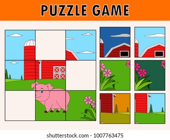 Cartoon illustration of educational jigsaw puzzle for children with cute pig farm animal