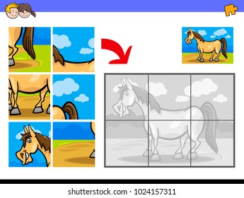 Cartoon Illustration of Educational Jigsaw Puzzle Activity Game for Children with Horse or Pony Farm Animal Character